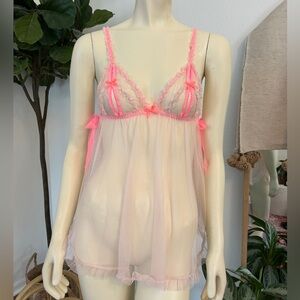 🩷 RARE Victoria’s Secret Neon Pink Peekaboo Sheer Babydoll Slip Lingerie - M